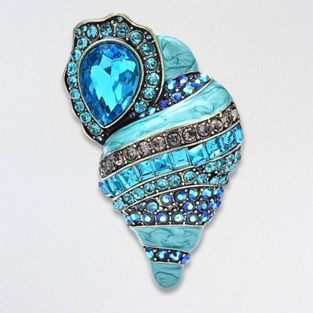 Handcrafted Sparkly Round Crystal Seashell Brooch Pin Pear-Cut Blue Green OS NWT
